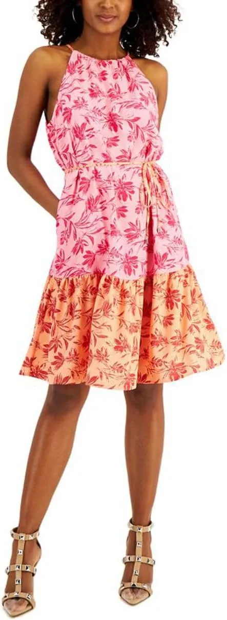 INC Womens Floral A-Line Halter Dress Pink 6