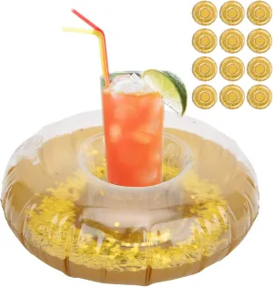 Inflatable Drink Holder, 12Pcs Yellow Glitter Drink Floats Cup Holders Swimming Pool Beverage Drinks Cup Holder for Summer Water Party