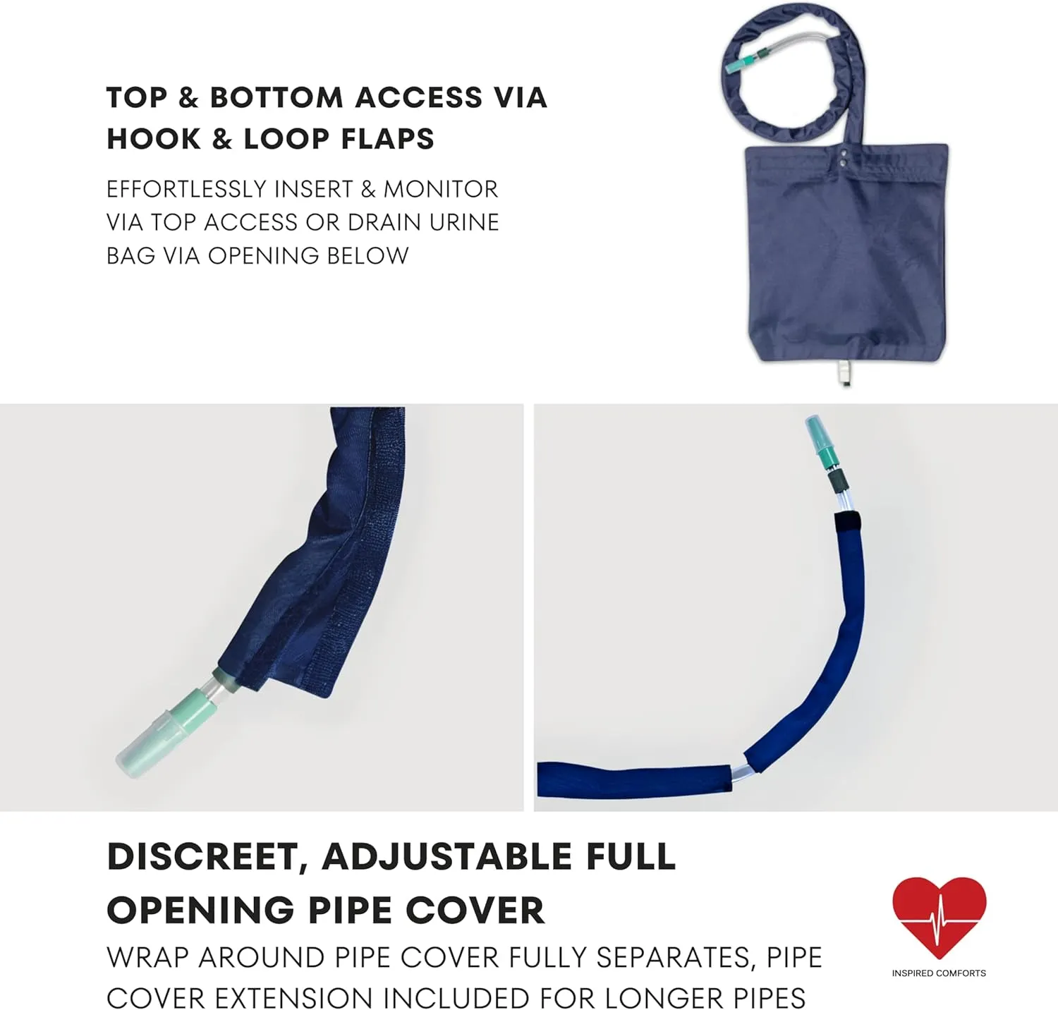 Inspired Comforts Urine Catheter Bag Cover with Snap on Pipe Cover & Hanging Strap | Easy Access | Secure & Discreet | Men & Women | 2000ml | Navy