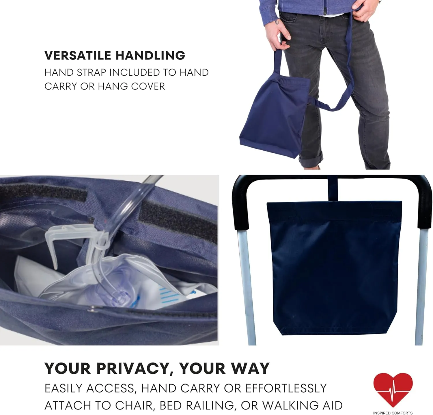 Inspired Comforts Urine Catheter Bag Cover with Snap on Pipe Cover & Hanging Strap | Easy Access | Secure & Discreet | Men & Women | 2000ml | Navy