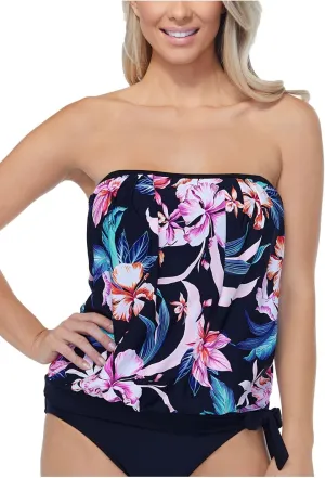 Island Escape Women's Black Floral Removable Straps Removable Cups Pleated Tie Rio Bloom Bandeau Tankini Swimsuit Top 6