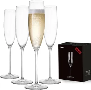 JBHO Champagne Glasses-Elegant Flutes-Gift-Box-Hand Blown Champagne Flutes Glass-100% Lead-Free Premium Crystal - Gift Idea for Wedding, Anniversary, Christmas,New Year-Set of 4-8oz, Clear