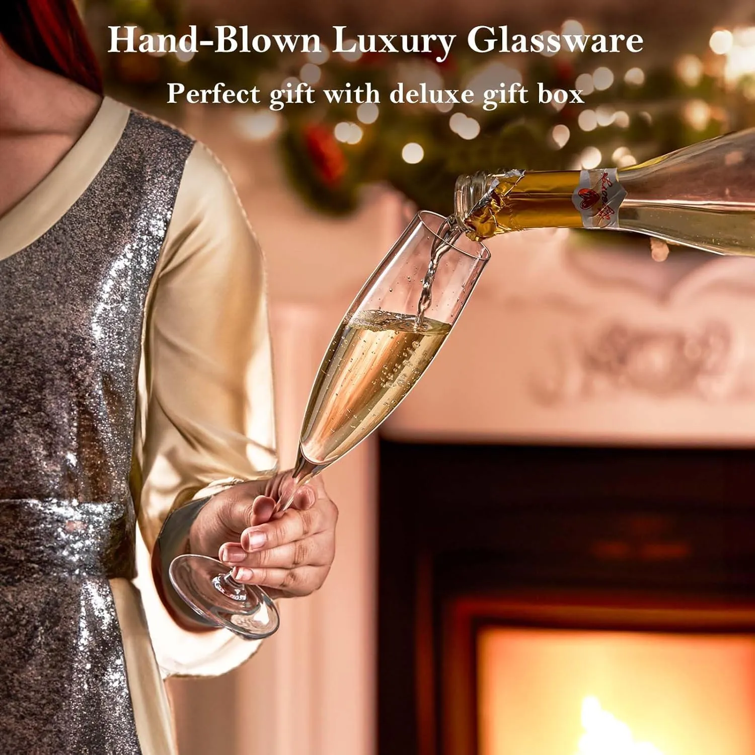 JBHO Champagne Glasses-Elegant Flutes-Gift-Box-Hand Blown Champagne Flutes Glass-100% Lead-Free Premium Crystal - Gift Idea for Wedding, Anniversary, Christmas,New Year-Set of 4-8oz, Clear
