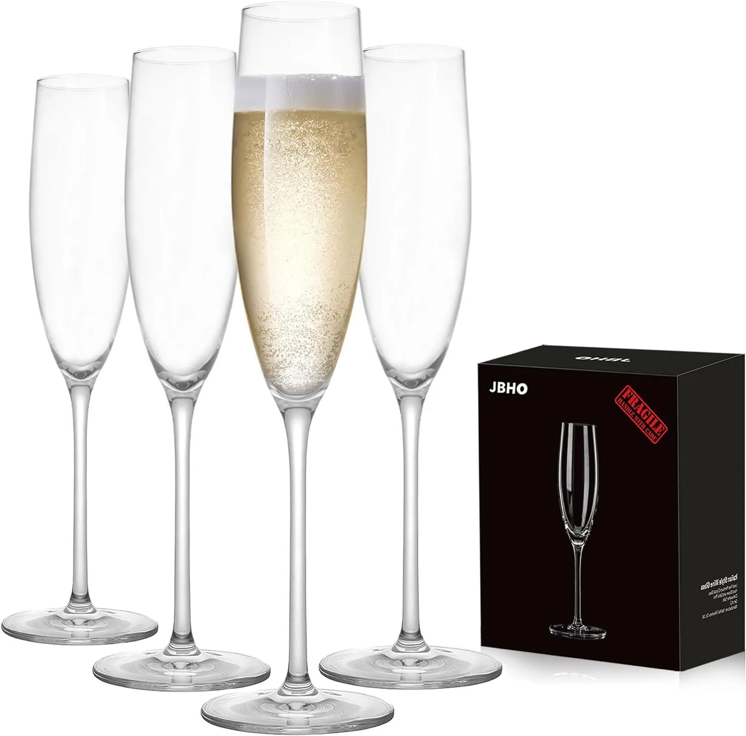 JBHO Champagne Glasses-Elegant Flutes-Gift-Box-Hand Blown Champagne Flutes Glass-100% Lead-Free Premium Crystal - Gift Idea for Wedding, Anniversary, Christmas,New Year-Set of 4-8oz, Clear