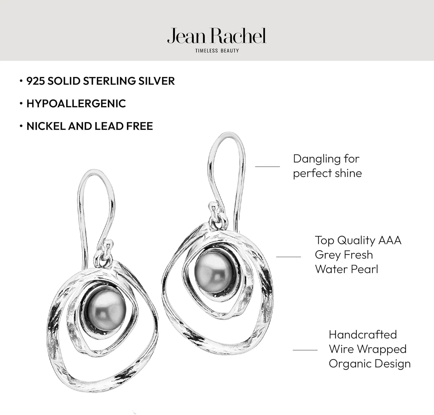 Jean Rachel Jewelry 925 Sterling Silver Dangle Earrings for Women with Freshwater Pearl - Free Form Vintage Design - Hypoallergenic, Lead & Nickel Free - Artisan Handcrafted Statement Earrings