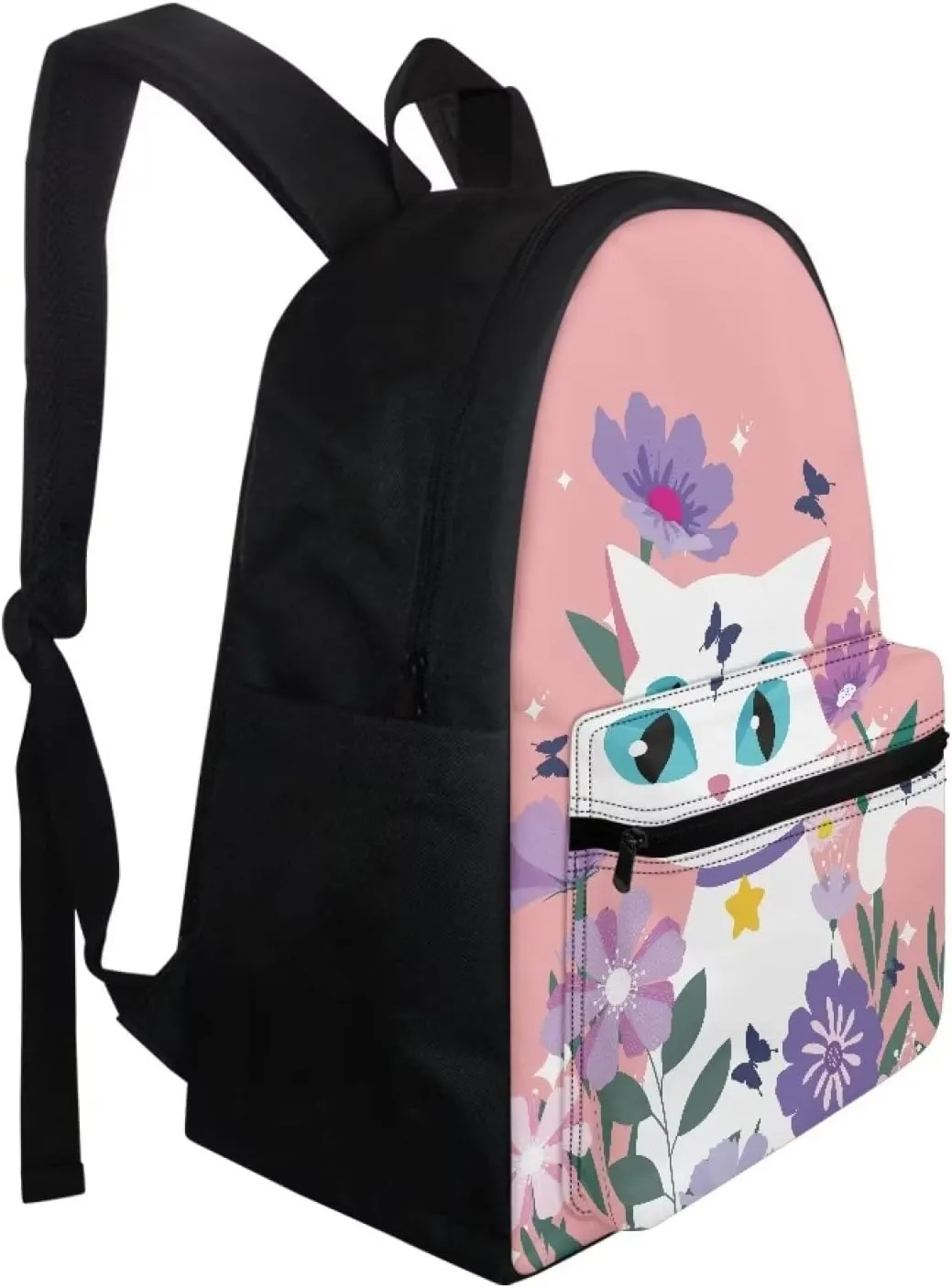 Jeiento Women Girls School Backpack Cartoon White Cat Flowers Style Big Capacity Multi-Purpose Backpack with Pockets Casual Daypack for Travel Hiking Camping