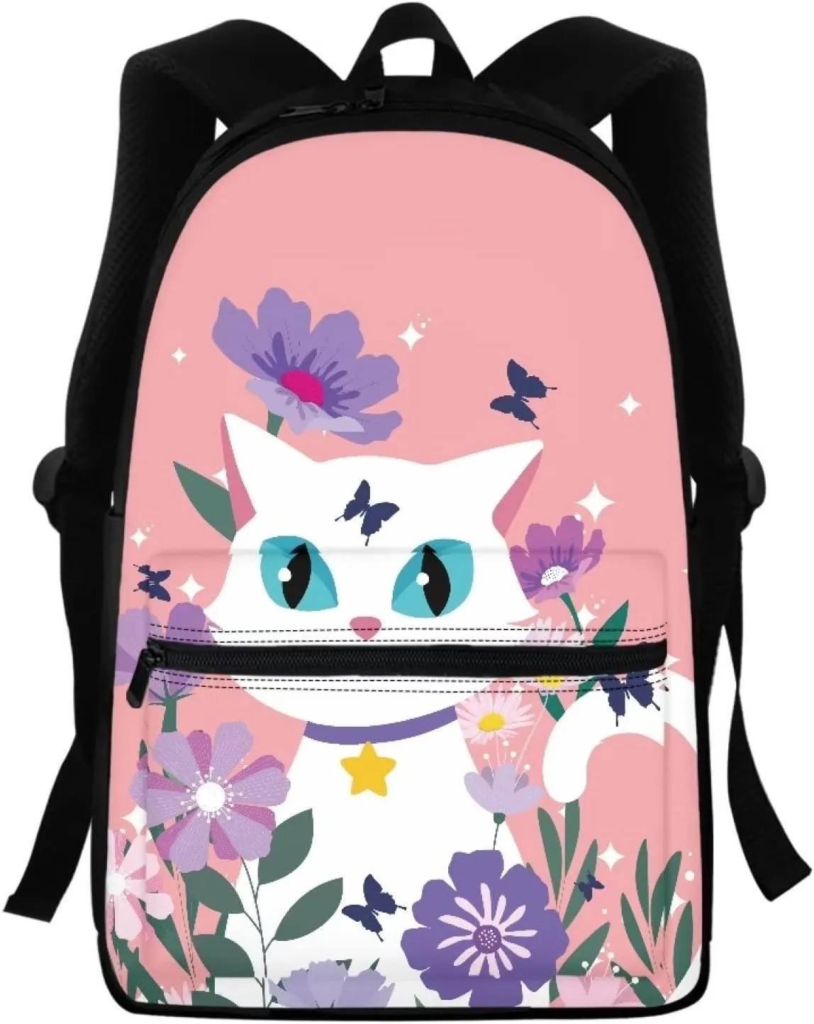 Jeiento Women Girls School Backpack Cartoon White Cat Flowers Style Big Capacity Multi-Purpose Backpack with Pockets Casual Daypack for Travel Hiking Camping