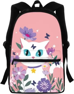 Jeiento Women Girls School Backpack Cartoon White Cat Flowers Style Big Capacity Multi-Purpose Backpack with Pockets Casual Daypack for Travel Hiking Camping