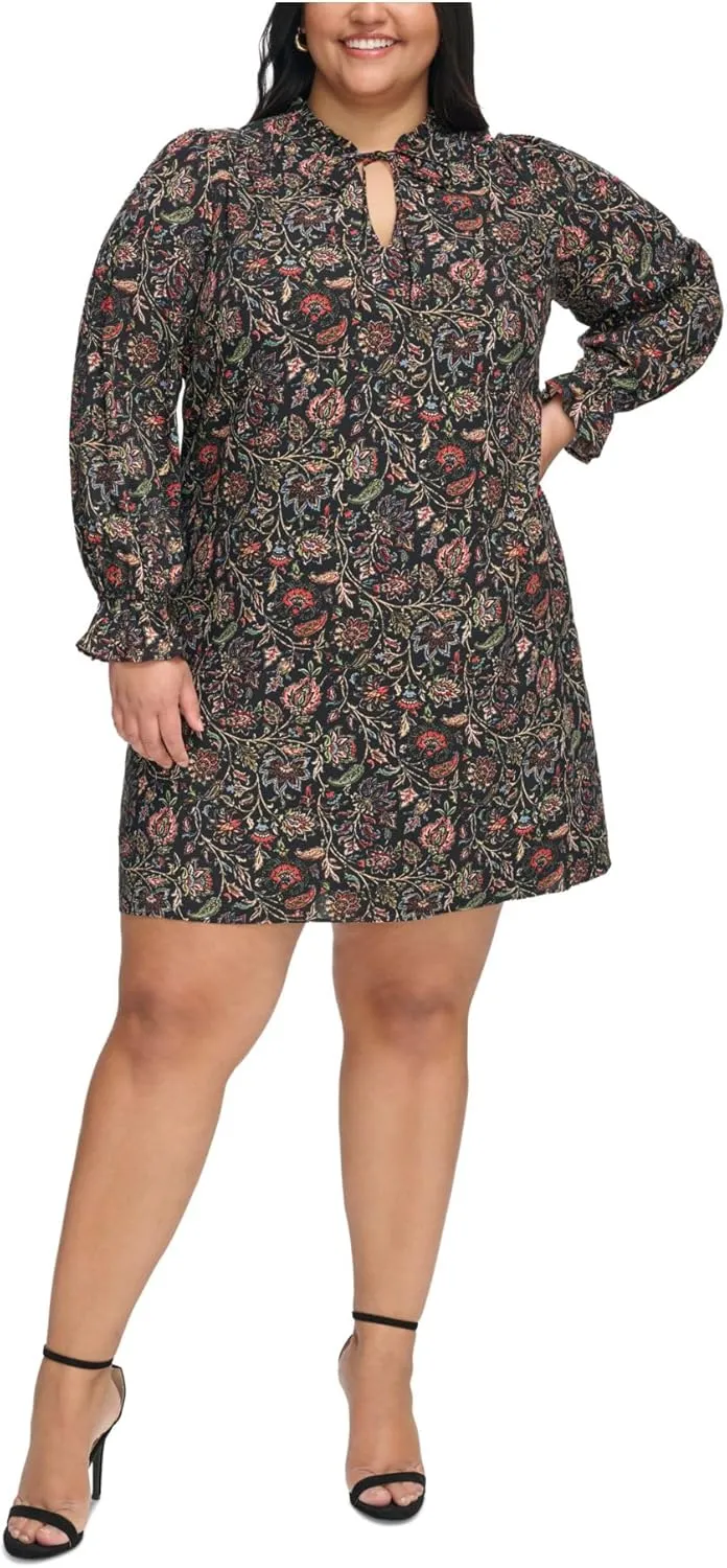JESSICA HOWARD Womens Black Lined Pleated Ruffle Sleeve Tie Neck Floral Long Sleeve Split Short Shift Dress Plus 18W