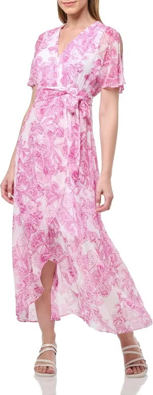 Jessica Howard Women's Flutter Sleeve V-Neck Chiffon Faux Wrap Maxi Dress