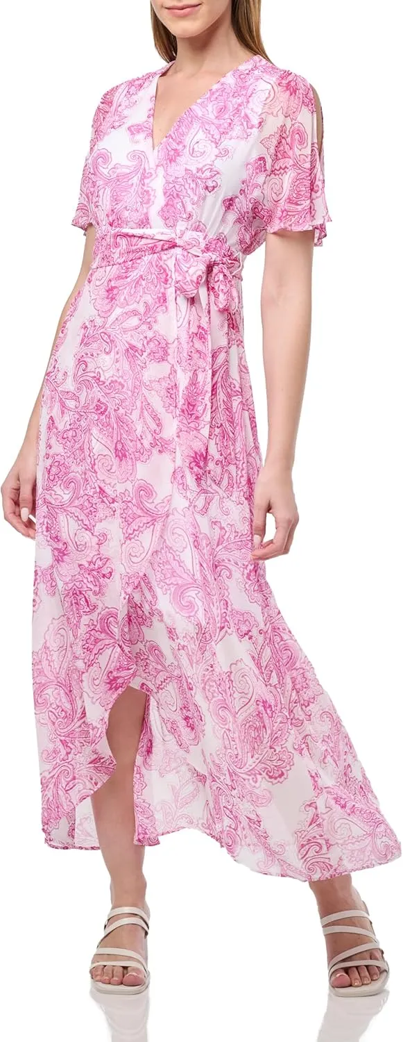 Jessica Howard Women's Flutter Sleeve V-Neck Chiffon Faux Wrap Maxi Dress