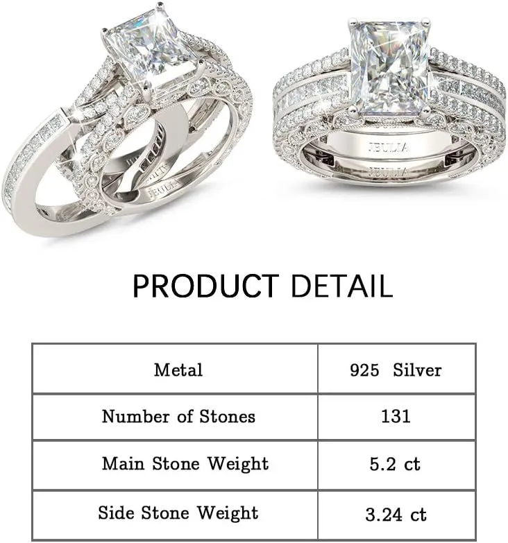 Jeulia Engagement Wedding Ring Set for Women 925 Silver 5.2 Carat Radiant Cut Cubic Zirconia Promise Anniversary Rings with Side Stones…