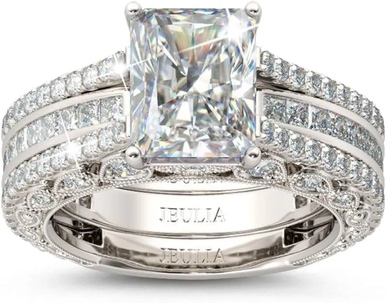 Jeulia Engagement Wedding Ring Set for Women 925 Silver 5.2 Carat Radiant Cut Cubic Zirconia Promise Anniversary Rings with Side Stones…