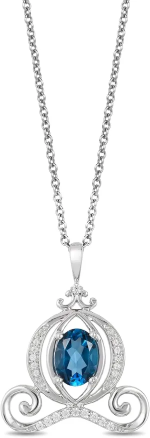 Jewelili Enchanted Disney Fine Jewelry Silver with 1/10 CTTW Diamond and London Blue Topaz Cinderella Carriage Pendant Necklace