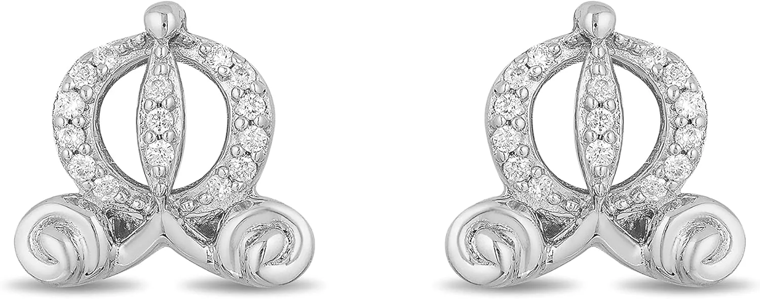 Jewelili Enchanted Disney Fine Jewelry Sterling Silver 1/15 CTTW Diamond Cinderella Carriage Earrings