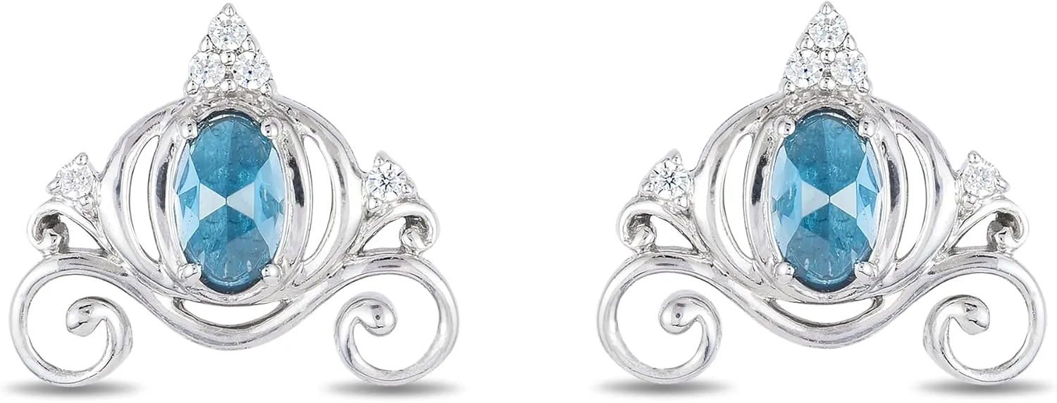 Jewelili Enchanted Disney Fine Jewelry Sterling Silver 1/20 Cttw Diamond and London Blue Topaz Cinderella Earrings