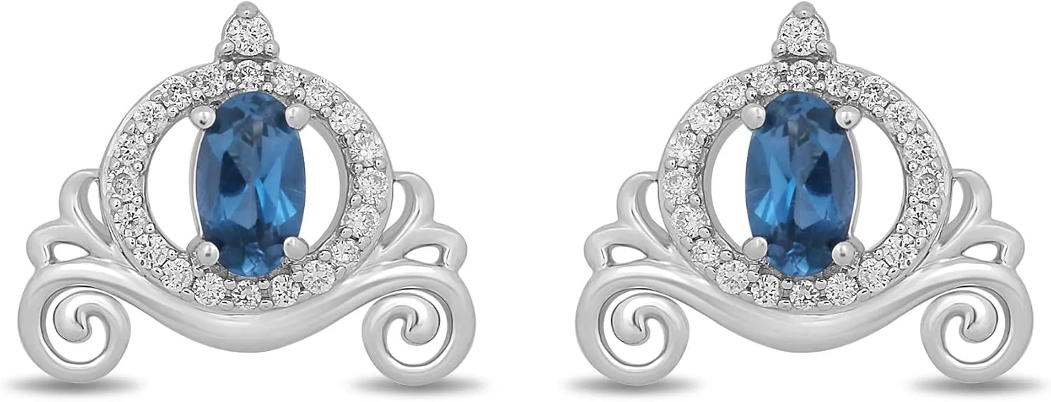 Jewelili Enchanted Disney Fine Jewelry Sterling Silver 5x3 MM Oval Cut London Blue Topaz and 1/8 Cttw Natural White Round Diamonds Cinderella Carriage Earrings