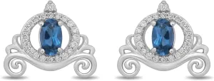 Jewelili Enchanted Disney Fine Jewelry Sterling Silver 5x3 MM Oval Cut London Blue Topaz and 1/8 Cttw Natural White Round Diamonds Cinderella Carriage Earrings