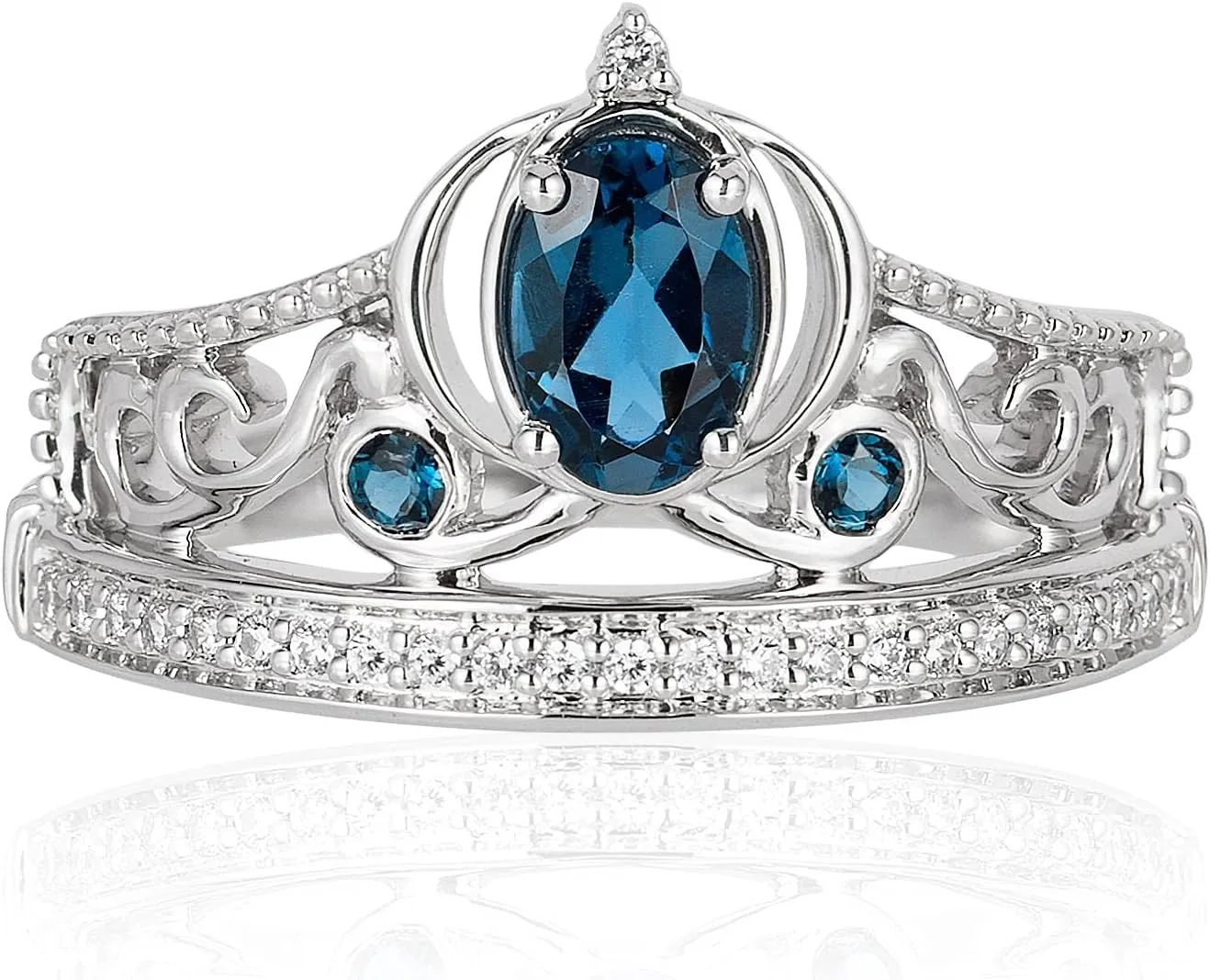 Jewelili Enchanted Disney Fine Jewelry Sterling Silver 6x4 MM London Blue Topaz with 1/10 Cttw Diamonds Cinderella Carriage Tiara Ring