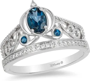 Jewelili Enchanted Disney Fine Jewelry Sterling Silver 6x4 MM London Blue Topaz with 1/10 Cttw Diamonds Cinderella Carriage Tiara Ring