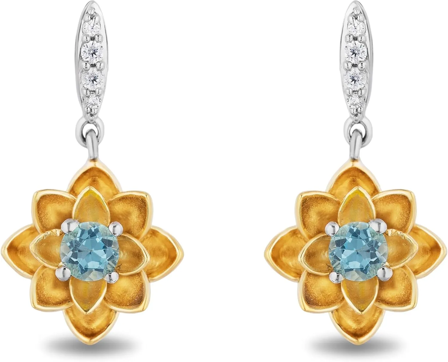 Jewelili Enchanted Disney Fine Jewelry Sterling Silver and 10K Yellow Gold with 1/20 CTTW Diamond and Swiss Blue Topaz Jasmine Earrings
