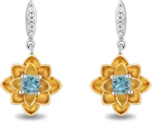 Jewelili Enchanted Disney Fine Jewelry Sterling Silver and 10K Yellow Gold with 1/20 CTTW Diamond and Swiss Blue Topaz Jasmine Earrings