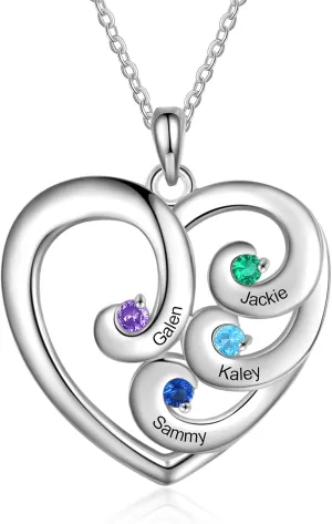 JewelOra Personalized Heart Necklace for Mom Custom Name Necklace Pendant with 4 Simulated Birthstones Birthday Jewelry Gift for Women Wife Grandma