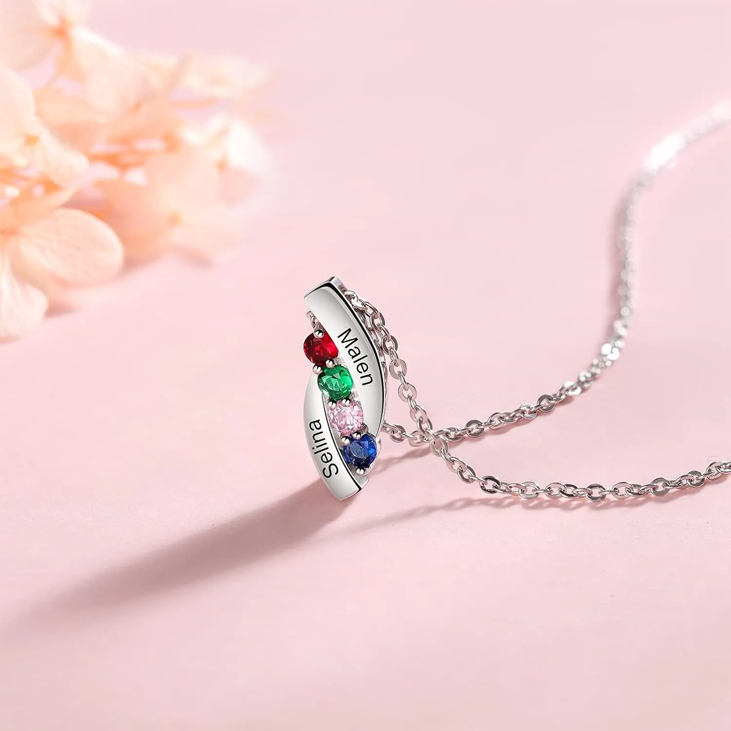 JewelOra Personalized Name Necklace with 2-5 Simulated Birthstones Customized Necklace Pendant for Women Birthday Jewelry Gift for Mom Wife Her