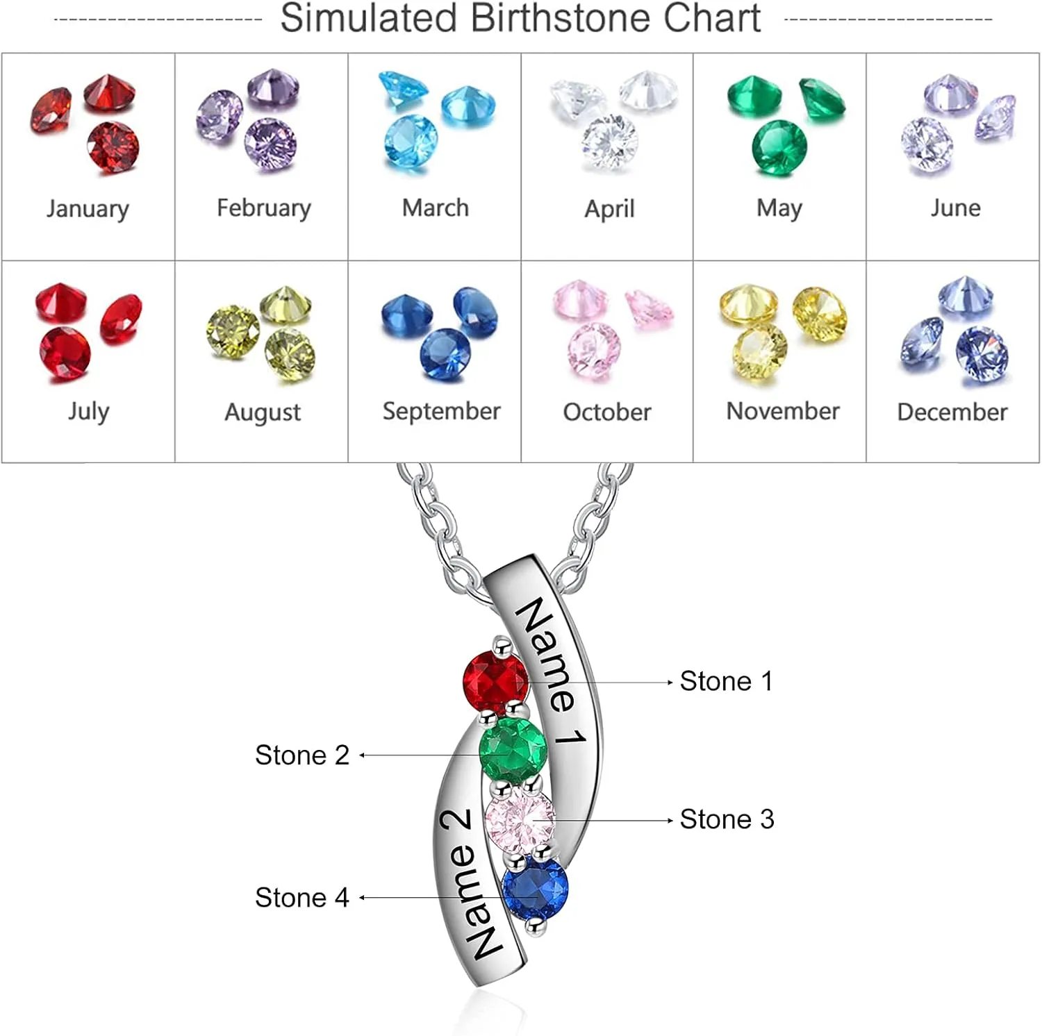 JewelOra Personalized Name Necklace with 2-5 Simulated Birthstones Customized Necklace Pendant for Women Birthday Jewelry Gift for Mom Wife Her