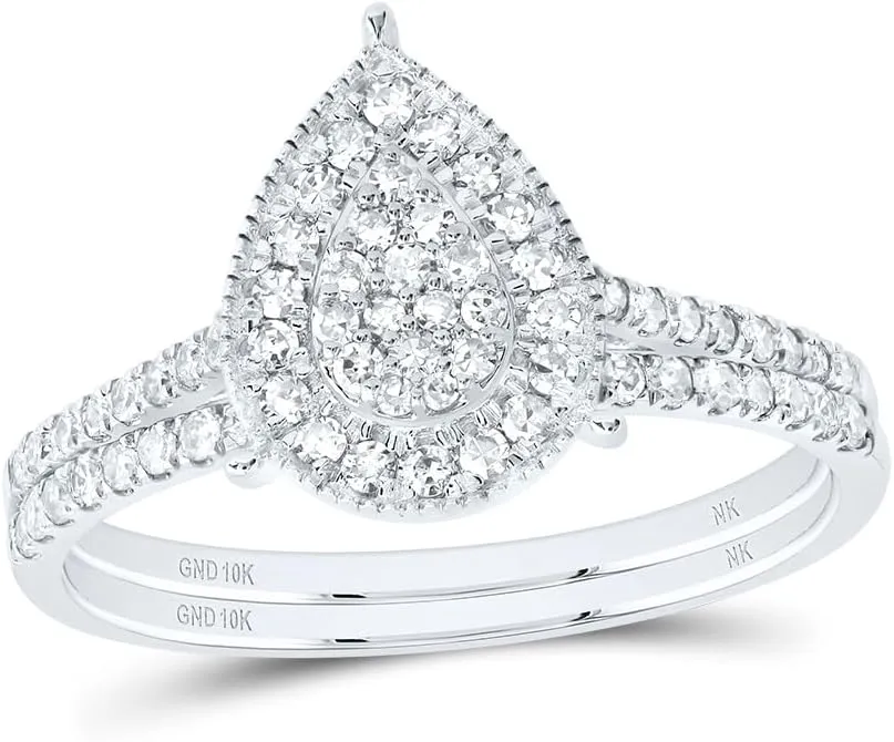 Jewels By Lux 10kt White Gold 3/8 Cttw Diamond Pear Single Halo Wedding Engagement Anniversary Bridal Set, Women Size: 5-9