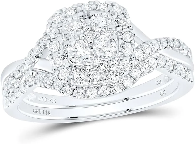 Jewels By Lux 14kt White Gold 1/2 Cttw Natural Diamond Cushion Single Halo Wedding Engagement Anniversary Bridal Set, Women Size: 5-9