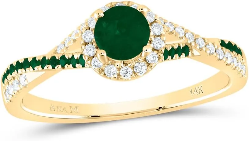 Jewels By Lux 14kt Yellow Gold 1/8 Cttw Diamond Ana M and 1/10 Cttw Round Emerald 4mm Round Emerald Natural Gem Single Halo Wedding Engagement Anniversary Bridal Ring, Women Size: 5-9