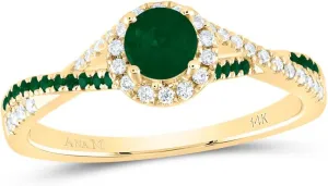 Jewels By Lux 14kt Yellow Gold 1/8 Cttw Diamond Ana M and 1/10 Cttw Round Emerald 4mm Round Emerald Natural Gem Single Halo Wedding Engagement Anniversary Bridal Ring, Women Size: 5-9