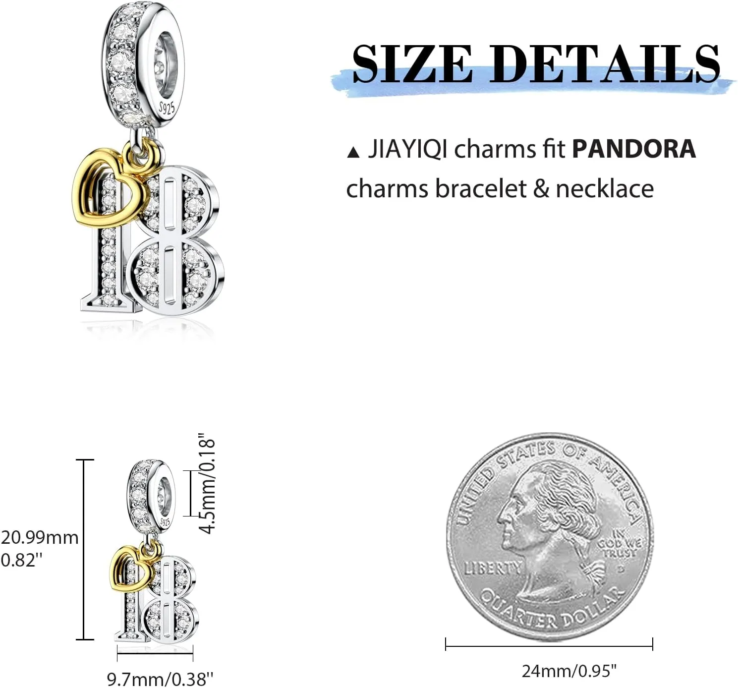 JIAYIQI 16 18 21 30 40 50 60 Birthday Charm Fit Charm Bracelets Necklace, 925 Sterling Silver Pendants Beads with 18K Gold Heart Shaped Pendant for Women