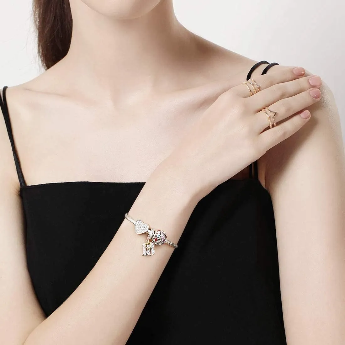 JIAYIQI 16 18 21 30 40 50 60 Birthday Charm Fit Charm Bracelets Necklace, 925 Sterling Silver Pendants Beads with 18K Gold Heart Shaped Pendant for Women
