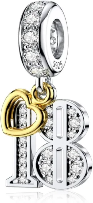 JIAYIQI 16 18 21 30 40 50 60 Birthday Charm Fit Charm Bracelets Necklace, 925 Sterling Silver Pendants Beads with 18K Gold Heart Shaped Pendant for Women