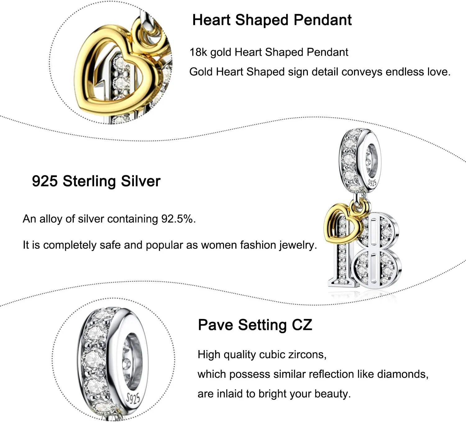 JIAYIQI 16 18 21 30 40 50 60 Birthday Charm Fit Charm Bracelets Necklace, 925 Sterling Silver Pendants Beads with 18K Gold Heart Shaped Pendant for Women