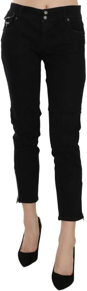 John Galliano Chic Black Mid Waist Slim Cropped Women's Jeans