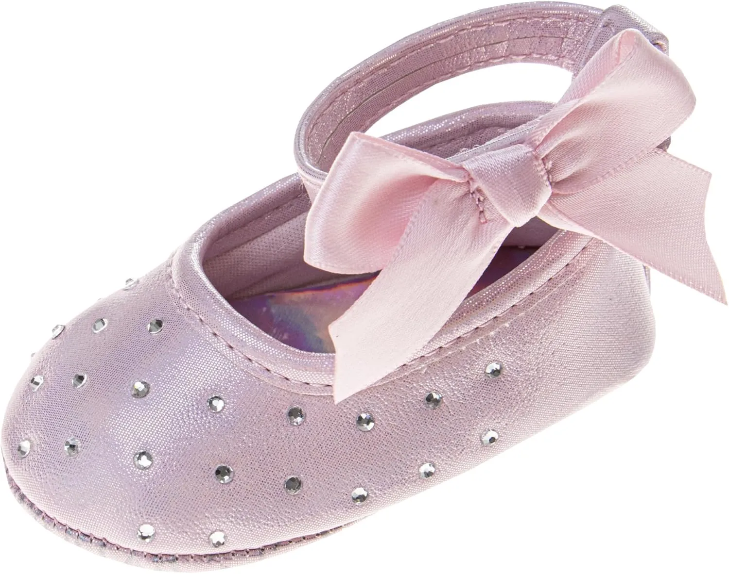 Josmo Baby Girls Sparkling Satin Mary Jane Sandals with Bow and Rhinestones Soft Sole Crib Shoes (Size 2-4 Infant)