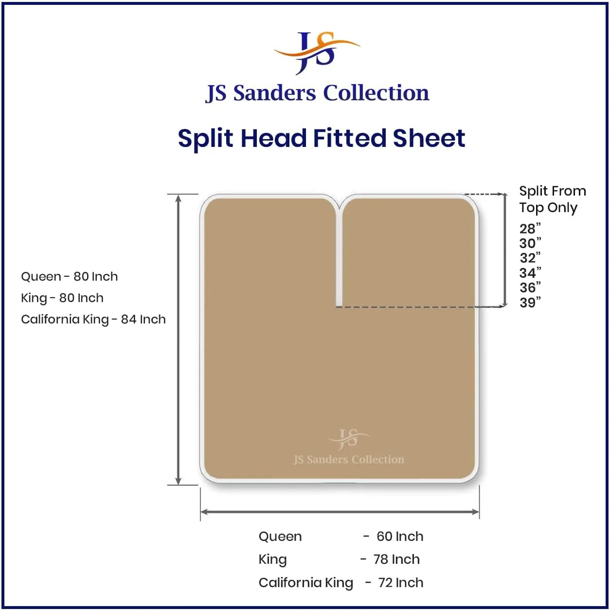 JS Sanders Collection Split Head King Sheets Sets for Adjustable Beds-Top Split King Sheets Sets (4 Pcs) King 28 Inch Down Sheets Taupe 15 Inch Deep Sheets