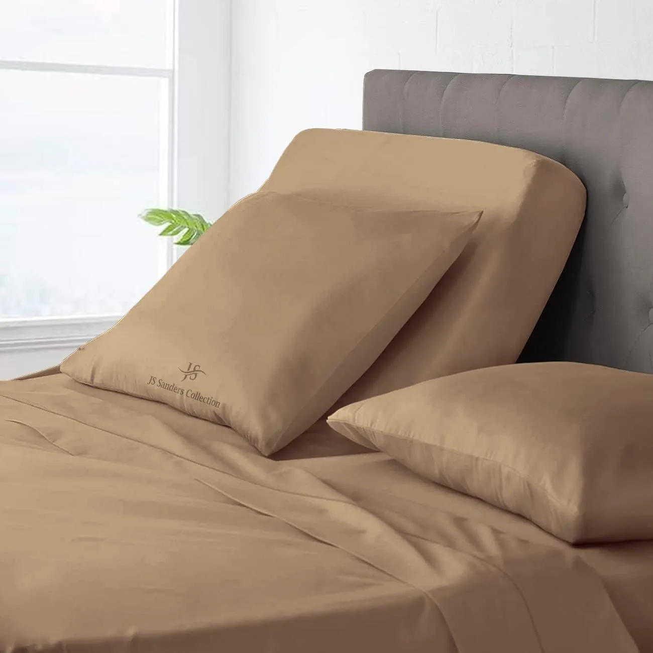 JS Sanders Collection Split Head King Sheets Sets for Adjustable Beds-Top Split King Sheets Sets (4 Pcs) King 28 Inch Down Sheets Taupe 15 Inch Deep Sheets
