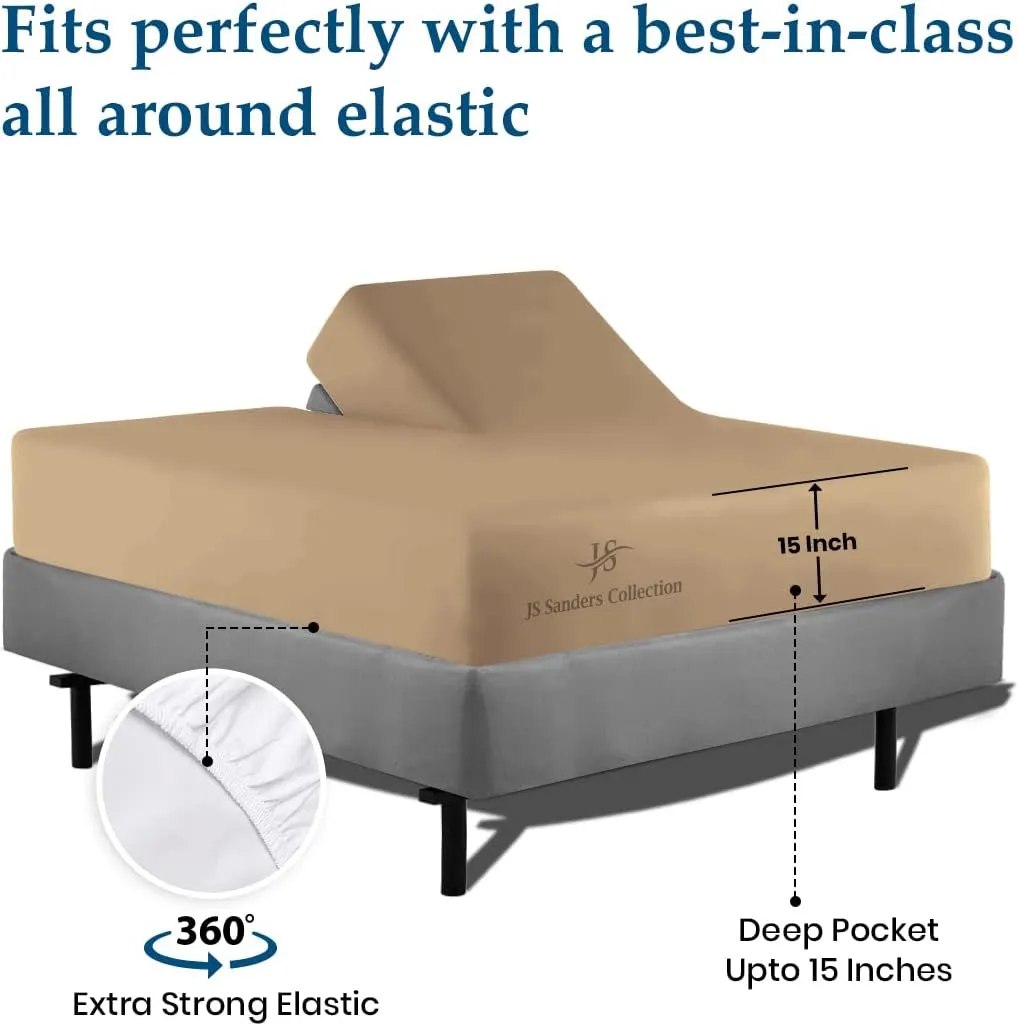 JS Sanders Collection Split Head King Sheets Sets for Adjustable Beds-Top Split King Sheets Sets (4 Pcs) King 28 Inch Down Sheets Taupe 15 Inch Deep Sheets