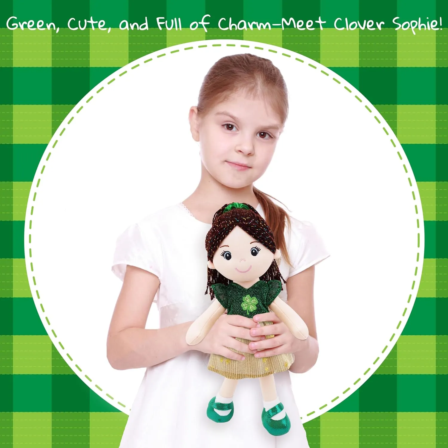 June Garden 14" Snuggle Cuties Clover Sophie - Saint Patrick's Day Soft Plush Doll - Huggable Irish Themed Rag Doll for Girls - Green Outfit