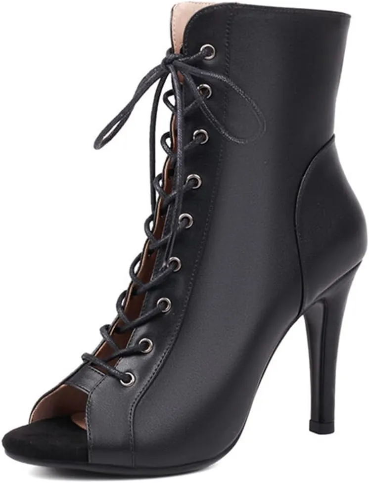 JXUZY Womens Jazz Ballroom Dance High Heels Sandals Peep Toe Lace-up Stiletto Heels Ankle Boots