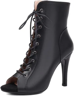 JXUZY Womens Jazz Ballroom Dance High Heels Sandals Peep Toe Lace-up Stiletto Heels Ankle Boots