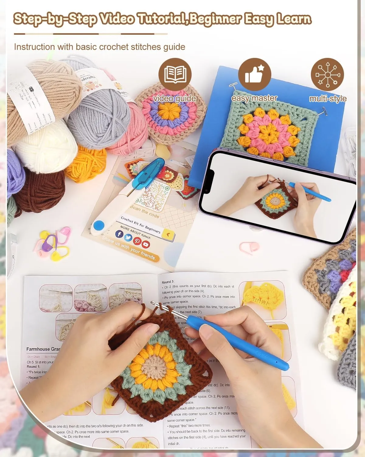 Katech Crochet Kit for Beginners, Granny Squares Crochet Kit for Adults Includes Crochet Blocking Mat Crochet Book, Crochet Starter Kit for Beginner Kids Learn to Crochet Blanket Bags (GRP C)