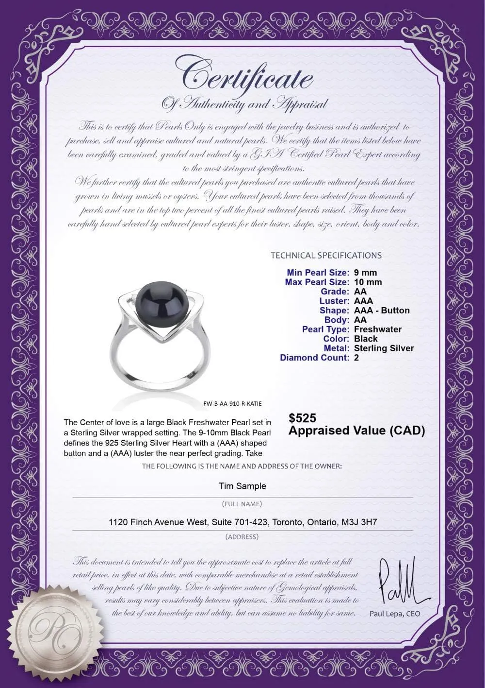 Katie Heart Black 9-10mm AA Quality Freshwater 925 Sterling Silver Cultured Pearl Ring For Women
