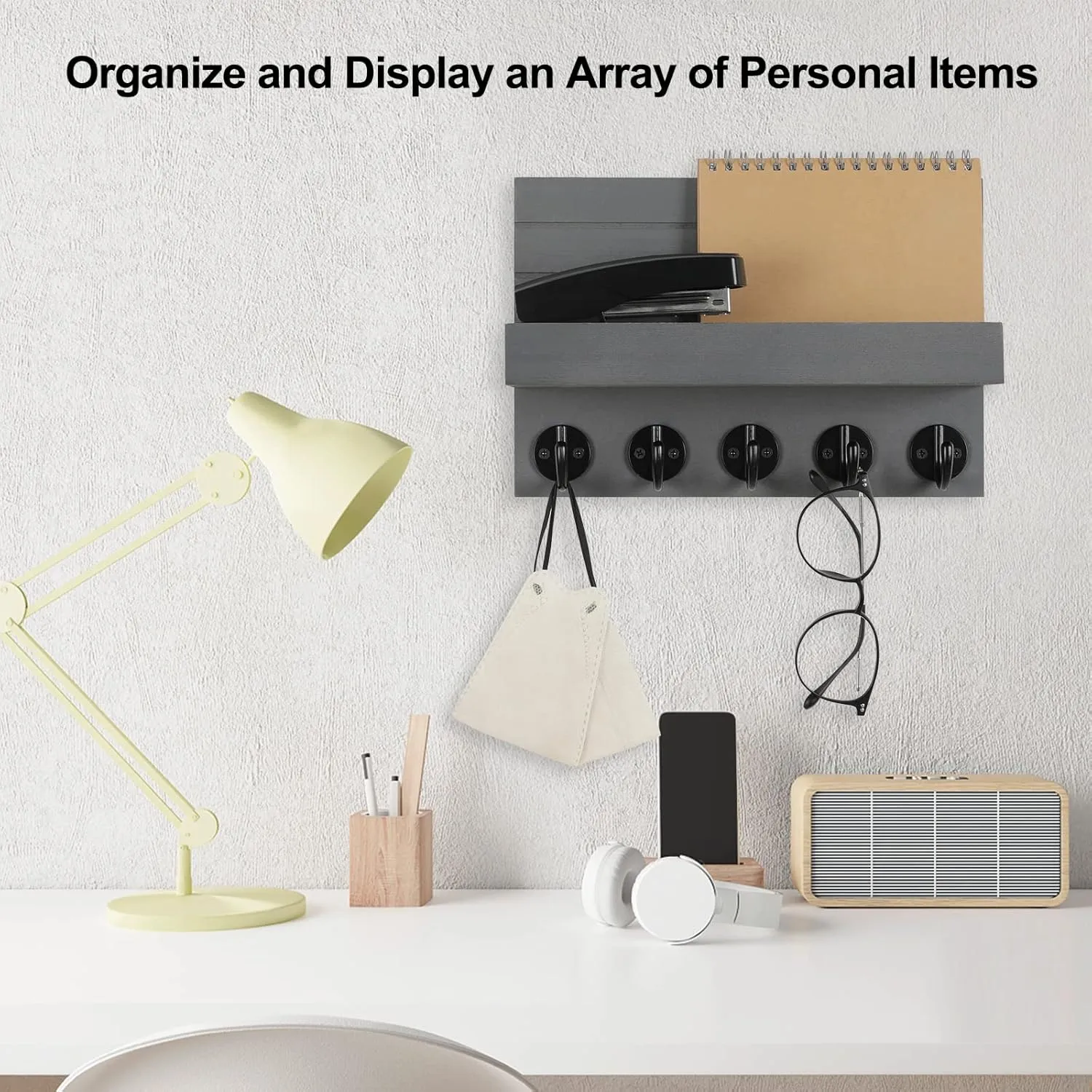 Key Holder for Wall, Decorative Key and Mail Holder with Shelf Has Large Key Hooks for Bags, Coats, Umbrella – Paulownia Wood Key Hanger with Mounting Hardware (9.8”W x 6.7”H x 4.2”D)