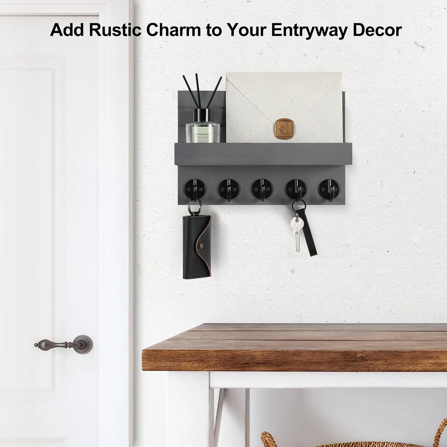 Key Holder for Wall, Decorative Key and Mail Holder with Shelf Has Large Key Hooks for Bags, Coats, Umbrella – Paulownia Wood Key Hanger with Mounting Hardware (9.8”W x 6.7”H x 4.2”D)