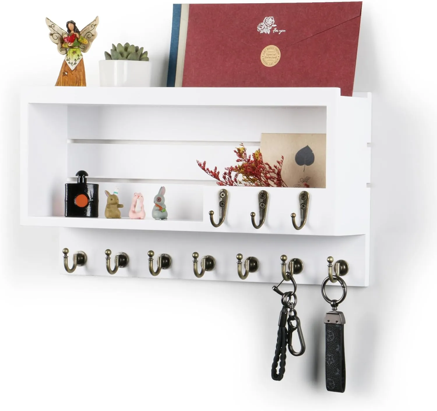 Key Holder for Wall, Mail Organizer Wall Mounted, Key Holder Wall Mount with 10 Key Hooks, White